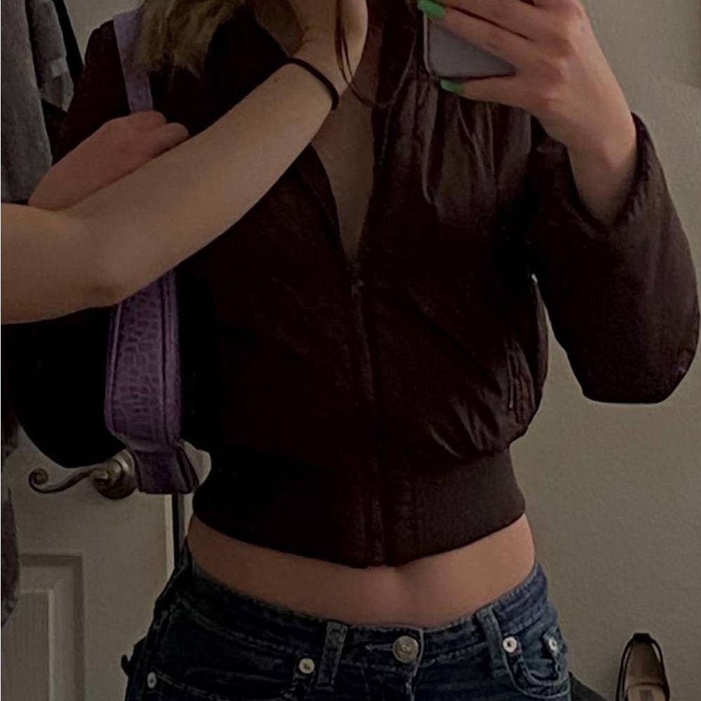 Brown Cropped puffer jacket with fur